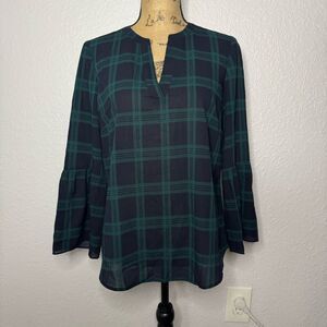 J. Crew Factory Green Navy Blue Tartan Plaid Bell Sleeve Popover Size S Preppy